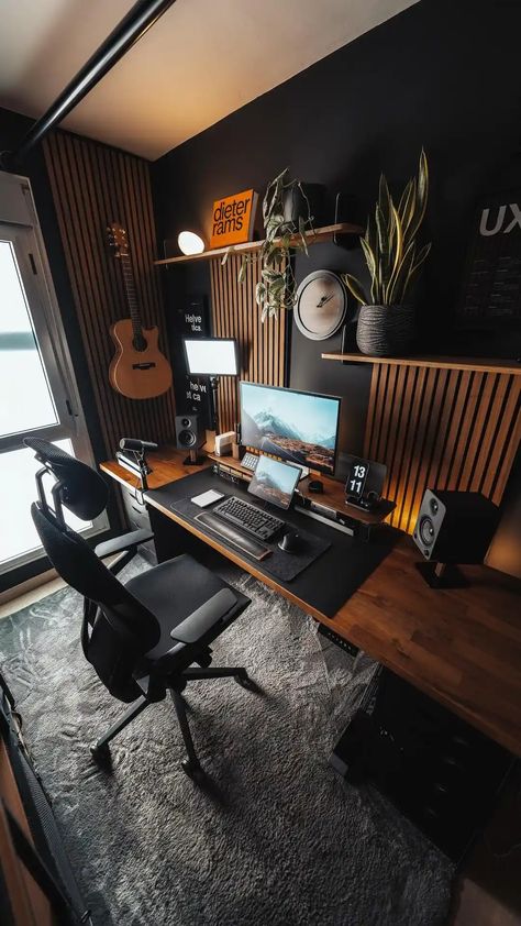 Mens Bedroom Ideas Masculine Interior Mans Desk Ideas, Men’s At Home Office, Masculine Desk Setup, Man's Office Ideas, Office For Men Interior Design, Men Desk Setup, Men’s Desk Setup Office, Editing Room Setup, Men Gaming Room