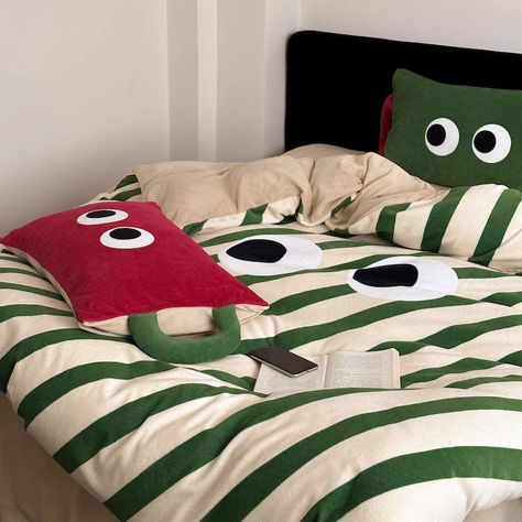 Snuggle up and stay cozy all night long with our Big Eyes Queer Thickened Warm Milk Velvet Four-Piece Coral Bed Set! Crafted from sumptuously soft velvet, this bed set is like a warm hug on a chilly night. With its thickened design, it locks in heat, keeping you snug and toasty without overheating. Embrace your inner kid with the playful cartoon stripes pattern and vibrant green and red colors. It's the perfect way to add a touch of fun and personality to your bedroom decor. Available in sizes f Funky Sheets, Red Decor Bedroom, Colorful Bedroom Aesthetic, Coral Bedding Sets, Coral Bed, Funky Bedding, Red Bedroom Decor, Old Bed Sheets, Whimsical Bedroom