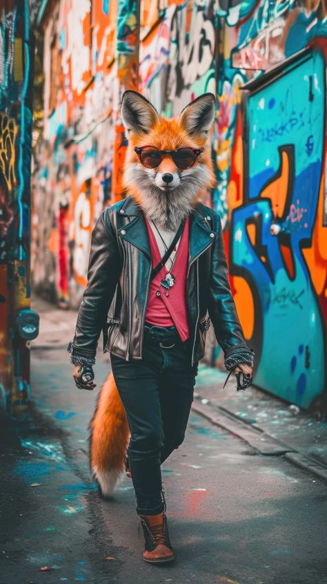 fox in leather jacket, anthropomorphic animal character, stylish fox, urban graffiti background, cartoon fox in real life, animal with sunglasses, cool animal character, street art and fashion. 

anthropomorphic fox, leather jacket, sunglasses, graffiti, urban street art, sneakers, cool pose, vibrant colors, furry tail, animal illustration, fantasy character in city, street style. Character Street Art, Graffiti Background, Birthday Painting, Background Cartoon, Animal Character, Urban Graffiti, Fashion Vibes, Fox Illustration, Art And Fashion