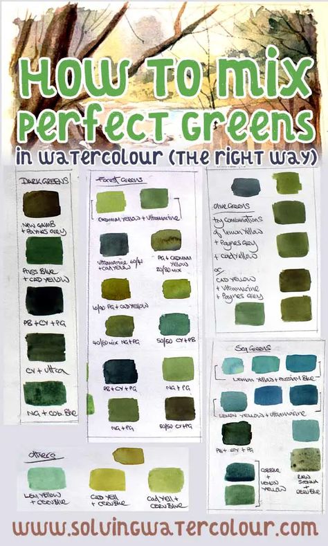 How To Mix Perfect Greens in Watercolor - Solving Watercolour Mixing Paint Colors, Canvas For Beginners, Watercolor Mixing, Learn Watercolor, Watercolor Tips, Watercolor Paintings For Beginners, Watercolor Lessons, Diy Watercolor Painting, How To Mix