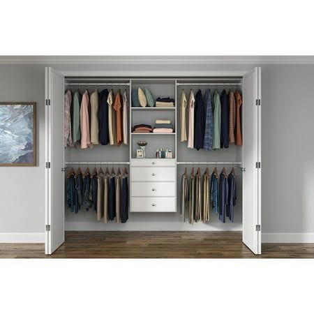 Give yourself more space to effortlessly organize your closet with the Easy Track Deluxe Tower Closet Storage Organizer. This closet organizer system is easy to install in your closet and doesn't require you to remove or cut baseboards. With all required installation hardware included, simply hang the wooden closest system with drawers on the supplied wall-mounted steel rails, and you're ready to go. This wardrobe storage organizer comes with everything you need to declutter your bedroom. With 4 Easy Track Closet, Organiser Son Dressing, Wood Closet Systems, Wood Closet, Storage Solutions Closet, White Closet, Closet Kits, Open Closet, Closet Organizing Systems