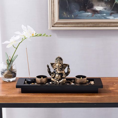 Hindu Decor, Buddhist Decor, Mini Zen Garden, Decorative Stones, 2 Candle, Incense Stick Holder, Countertop Decor, Ceramic Incense Holder, Ganesha Statue