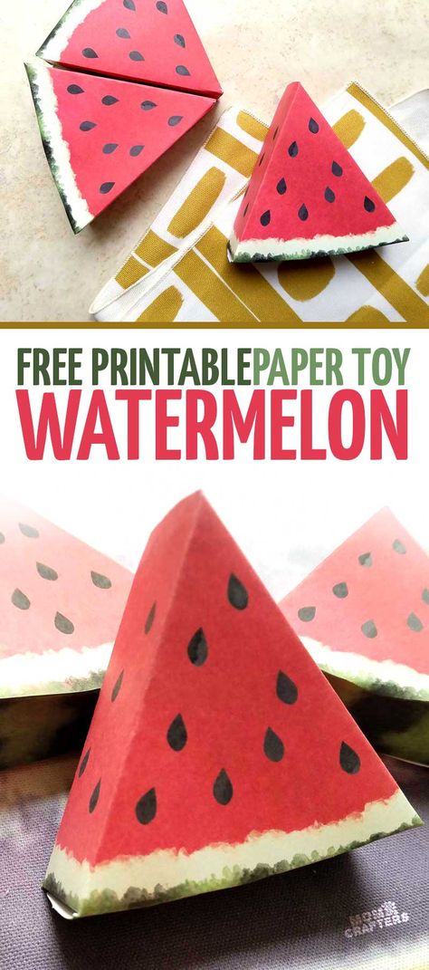 These paper craft templates are simply adorable! I love this beautiful watemelon paper craft - it's a free printable perfect for pretend play, summer party or picnic decor, table props, or anything really! These fruit printables have a realistic watercolor touch to them. Watermelon Crafts, Origami Rose, Watermelon Party, Folding Origami, Instruções Origami, Papercraft Printable, Papercraft Templates, Homemade Toys, Origami Design