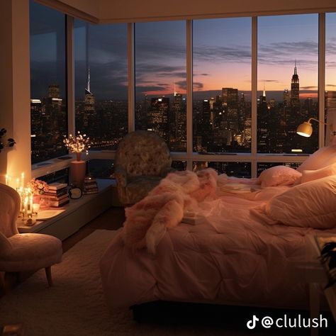 New York Apartment Bedroom, Penthouse Apartment Interior, Penthouse Modern, Dream Penthouse, Penthouse Aesthetic, Penthouse Bedroom, Living Room And Bedroom Combo, City Apartment Decor, Peaceful View