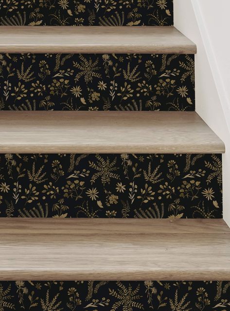 Stair Riser Vinyl, Wallpaper Stairs, Stairs Renovation, Stair Decals, Black Stairs, Moroccan Tiles Pattern, Stair Riser Decals, Stairs Makeover, Stair Riser