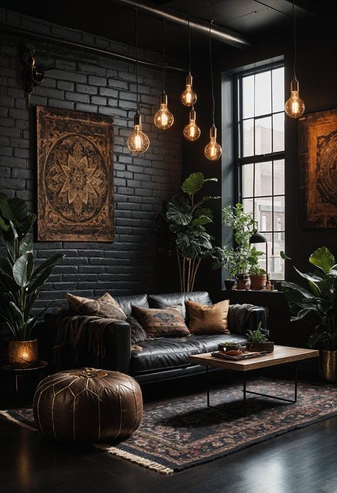 Dark Interior With Plants, Black And Rustic Living Room, Black Industrial Living Room, Black Bohemian Living Room, Dark Western Boho Living Room, Dark Living Room Decor Ideas, Black And Earthy Living Room, Edgy Boho Decor, Dark Minimalist Decor