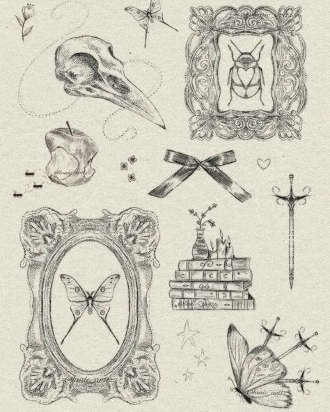 Tiny whimsical tattoos ♡ - (Pls dm me for the tattoo ticket & high res files) 10$ usd #whimiscal #tinytattoo #tattooflashart… | Instagram Most Aesthetic Tattoos, Styles Of Tattooing, Feminine Fine Line Tattoo Sleeve, Photo Booth Tattoo, Whimsy Tattoo Ideas, Whimsical Flash Tattoo, Goth Style Tattoo, Whimsical Back Tattoo, Small Whimsical Tattoos