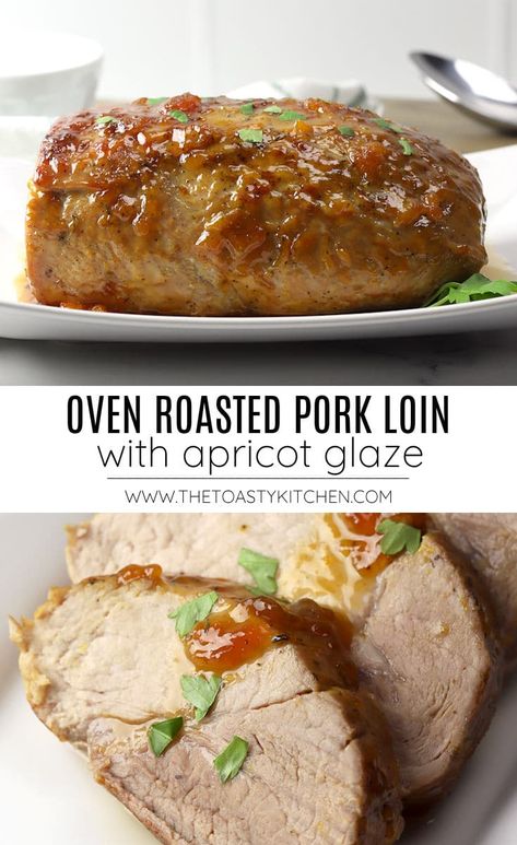 Oven roasted pork loin is an impressive main course that turns out tender, juicy, and flavorful. Perfect for a weeknight meal or to serve to company! Topped with a sweet and tangy apricot glaze. Oven Roasted Pork Loin, Boneless Pork Loin Recipes, Pork Loin Oven, Pork Loin Recipes Oven, Apricot Pork, Oven Roasted Pork, Comfy Kitchen, Boneless Pork Loin Roast, Roasted Pork Loin