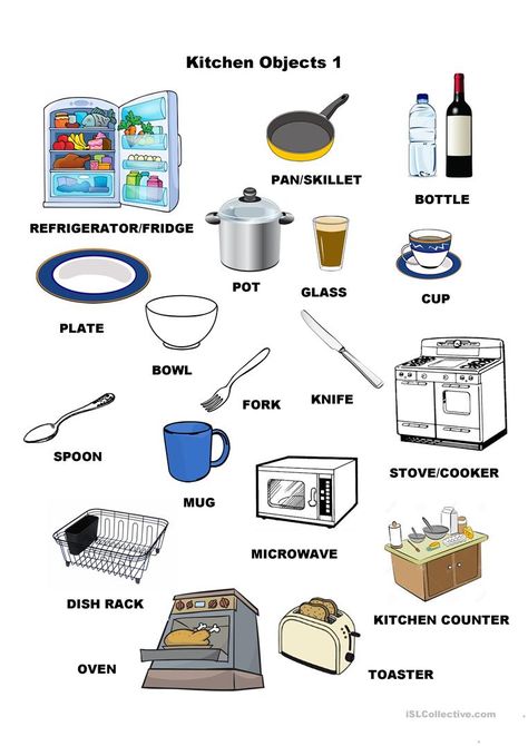 Kitchen Objects 1 - English ESL Worksheets Kitchen Objects, Teaching English Grammar, Learning English For Kids, English Vocab, Learn English Grammar, English Activities, English Tips, Grammar And Vocabulary, Learn English Vocabulary