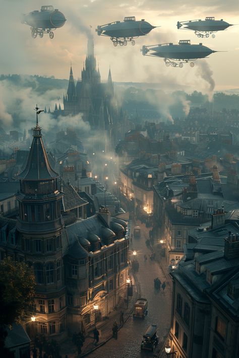 Au cœur de cette cité steampunk, les chimères de la vapeur s'entrelacent avec l'élégance victorienne, créant un paysage captivant et vibrant. Alors que le crépuscule enveloppe la ville, les airs résonnent du souffle des dirigeables majestueux, naviguant entre les imposantes cheminées et les structures mécaniques ornées de rouages et de tuyaux Dnd Steampunk City, Clockpunk City, Steampunk City Concept Art, Ville Steampunk, Futuristic Steampunk, Victorian City, Steampunk Wallpaper, Art Deco Ideas, Steampunk City