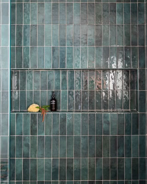 Green Vertical Subway Tile, Teal Green Tile Bathroom, Vertical Stacked Tile Bathroom, Bathroom Stacked Tile, Vertical Metro Tiles Bathroom, Emerald Green Tile Shower Ideas, Vertical Blue Tile, Teal Subway Tile Bathroom, Stack Tile Bathroom