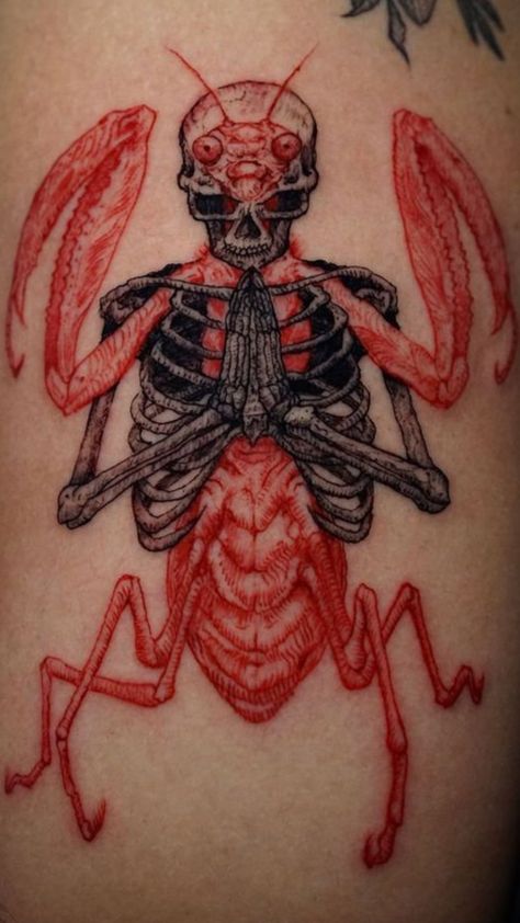 Scary Japanese Tattoo, Colorful Skeleton Tattoo, Crawling Spider Drawing, Bug Arm Tattoo, Weird Unique Tattoos, Insect Chest Tattoo, Man Eater Tattoos, Termite Tattoo, Cool Dark Tattoo Ideas