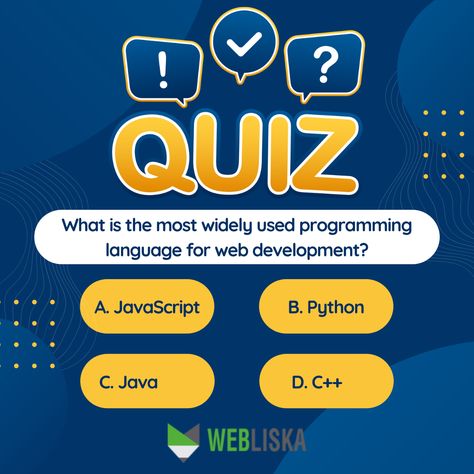 What is the most widely used programming language for web development? Options: A. JavaScript B. Python C. Java D. C++ write your answer in comment! #quiztime #quiz #quizinstagram #quizzes #quiznight #quizzing #quizmaster #quizoftheday #dailyquiz #trivia #quizz #knowledge #instaquiz #pubquiz #questions #fun #questionoftheday #brainteaser #currentaffairs #quizhunter #gk #quizas #facts #generalknowledge #quiznos #quizgame #education #quizup #quizcontest #Webliska Digital Marketing Quiz Questions, Quiz Creative Ads, Quiz Graphic Design, Sports Quiz, Fox Logo Design, Gk Quiz Questions, Digital Advertising Design, Quiz Design, Pub Quiz