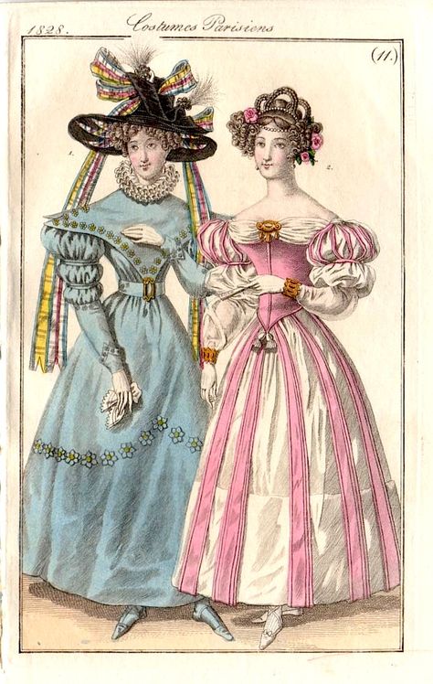 A lovely 1829 fashion plate featuring a walking dress and an evening dress. 1820s Fashion, 1830s Fashion, Walking Dress, 1800s Fashion, Regency Fashion, 19th Century Fashion, Middle Age Fashion, Period Outfit, Old Fashion