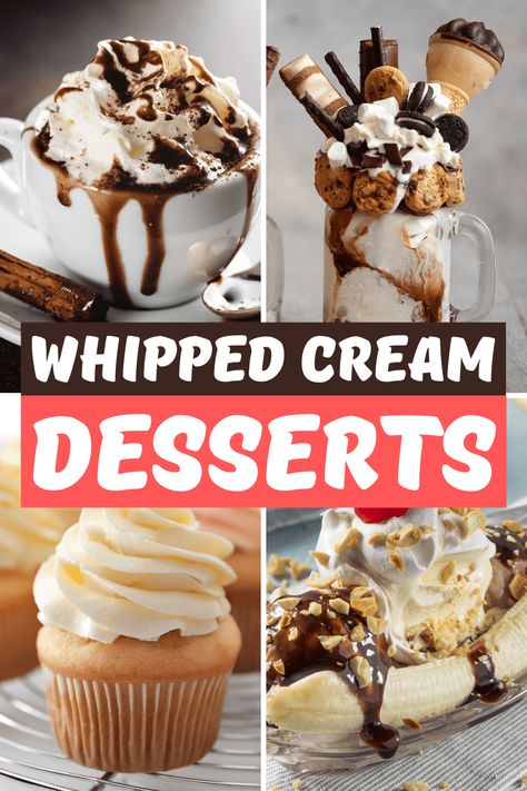 These easy whipped cream desserts are beyond irresistible! From cakes to milkshakes to grasshopper pie, whip up one of these easy treats the next time you want something sweet! What To Eat With Whipped Cream, Dessert With Whip Cream, Dessert Heavy Cream, Heavy Whipping Cream Recipes Desserts, Whipping Cream Recipe Desserts, Whipping Cream Desserts, Recipes With Whipped Cream, Whip Cream Desserts, Desserts With Whipped Cream