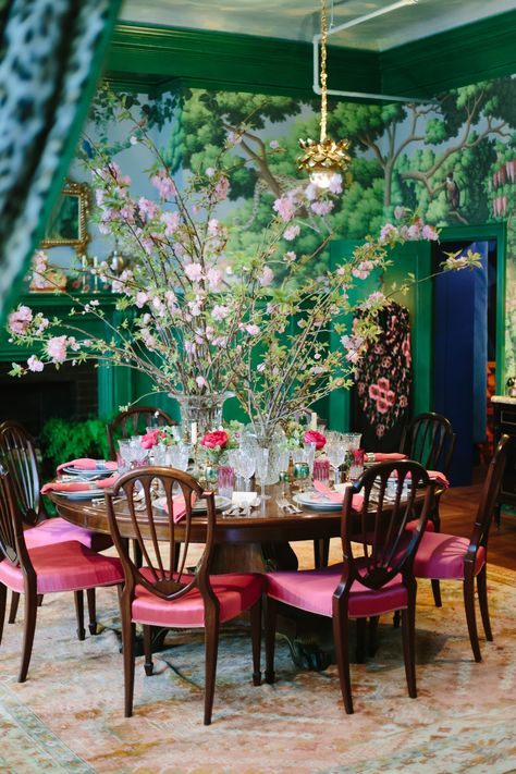 Magical Menagerie, Ken Fulk, Kips Bay Showhouse, Maximalist Interior Design, Green Dining Room, Maximalist Interior, Audio Room, Bush Furniture, Upper East Side