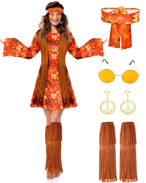 PRICES MAY VARY. What you get: this hippie costume accessories set includes peace sign earrings, peace sign necklace, headband, dress, ankle socks with tassels, suitable set for 60s 70s theme party or show, 5 pieces can meet your different needs Reliable to use: dress, socks, and headband are made by polyester, fringe design which is attractive and stylish, suitable for people of different ages, you can choose the suitable size for yourself Stylish style: 70s outfits for casual and special occas Flower Costume Kids, Hippie Women, Hippie Halloween, Boot Covers, 70s Outfits, Fringe Vest, Hippie Costume, Disco Dress, Fun World