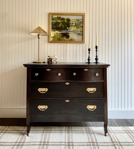 *SOLD!* *Message me if you would like a similar dark stained wood dresser for a custom order.  Introducing our vintage Eastlake  dresser that has been refinished in our signature blend of ebony-espresso stains. This primitive antique dresser has had a complete facelift to honor the original charm whilst adding trendy elements to be treasured for years to come. This vintage dresser was refinished with a blend of darker stains for a fabulous ebony-espresso dark stain finish for lots of dimension. I was inspired by newer dressers seen in modern organic homes and modern farmhouses with both vintage as well as classic elements. The dark stain blend brings out the true character without compromising an original, solid wood quarter-sawn oak underneath. Whether using this dresser in a master bedro 1920’s Dresser, Paint Top Of Dresser, German Apartment, Organic Homes, Chest Of Drawers Modern, Espresso Dresser, Eastlake Dresser, Dark Wood Dresser, Dresser Entryway