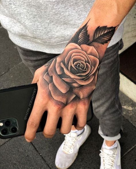 Rose Tattoo Men On Hand, Rose Hand Tattoos For Guys, Men Hand Rose Tattoo, Money Rose Hand Tattoo Men, Men’s Hand Tattoos Rose, Black Rose Hand Tattoo Men, Rose Hand Tattoo, Ink Inspiration, Hand Tattoos For Guys