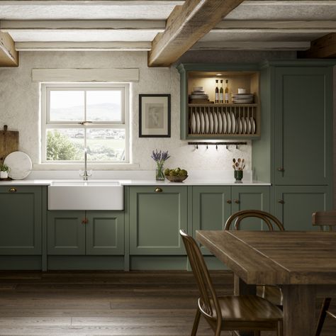 Green Kitchen Aesthetic, Green Country Kitchen, Howdens Kitchens, Kitchen Cabinet Inspiration, Open Plan Kitchen Dining Living, Sage Green Kitchen, Cosy Kitchen, Kitchen Designer, Green Kitchen Cabinets