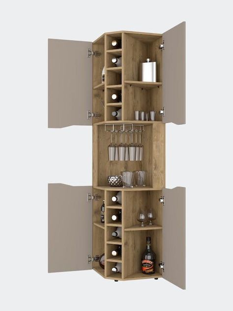 Home Bar Designs Small Corner, Corner Bar Ideas, Wine Cubbies, Mini Bar At Home, Home Wine Bar, Corner Bar Cabinet, Home Bar Cabinet, Cup Rack, Corner Bar