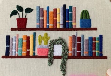 Book Shelf Design, Embroidered Book, Stitch Guide, Calico Fabric, Stitch Book, Felt Material, Pretty Packaging, Shelf Design, Book Shelf