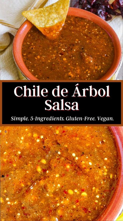 This rich and spicy five-ingredient chile de árbol salsa is so easy to make and takes just 20-minutes. It's great for dipping chips or to top your favorite Mexican dish. Naturally vegan and gluten-free. #chiledeárbolsalsa #spicysalsa #hotsalsa #chiledeárbolsalsatomatillos #chiledeárbolrecipes Chili Arbol Salsa Recipe, Chilis Salsa, Chile Arbol Salsa, Salsa With Cilantro, Arbol Salsa Recipe, Chile Arbol Salsa Recipe, Mexican Chile Salsa, Mexican Green Salsa Recipe, Arnie Tex Salsa