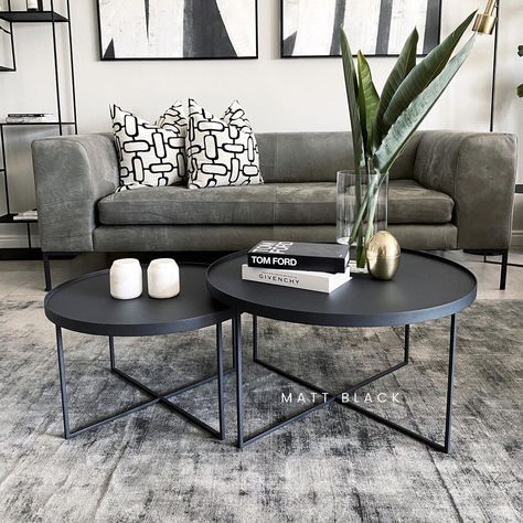 Circle Nesting Coffee Table, Black Round Coffee Table Styling, Coffee Table For Gray Couch, Black Coffee Table Decor Living Room, Living Room Black Table, Grey Couch Black Coffee Table Living Room, Nesting Table Decor, Black Coffee Table Round, Black Nesting Coffee Table