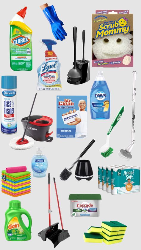 Cleaning Supplies For First Apartment, Cleaning Stuff Organization, Deep Cleaning Products, House Life Hacks, How To Clean Apartment, Essential Cleaning Supplies, Cleaning Apartment, First Home Essentials, Home Cleaning Equipment