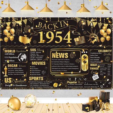 PRICES MAY VARY. 70th Birthday Banner Backdrop: There is 1pcs gold black back in 1954 70th birthday banner. And this 70th birthday banner has "Back in 1954" printing. With these beautiful and cool words, they further set off a atmosphere of your 70th birthday party. 70th Birthday Decorations: There are 4 copper holes respectively distribute in the 4 corners of the Vintage back in 1954 banner backdrop,and it is light so that it's easy to install or hang, you can save your time and energy to do mo 70 Party Decorations, 70s Themed 70th Birthday Party, Ideas For A 70th Birthday Party, 70th Birthday Candy Bar Poster, 70th Birthday Balloon Ideas, Mens 70th Birthday Party Ideas, 70th Birthday Backdrop Ideas, 70th Bday Party Ideas For Dad, Classic Birthday Party Decorations