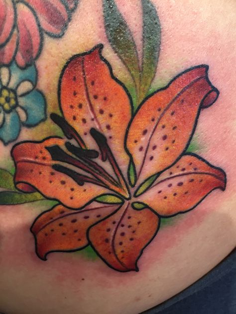 My new orange tiger Lily American Traditional Tiger Lily Tattoo, Orange Lily Tattoo, Wild Tiger Lily, Mirror Mural, Tiger Lily Tattoo, Orange Tiger Lily, Orange Tattoo, Claddagh Tattoo, Tiger Lily Tattoos