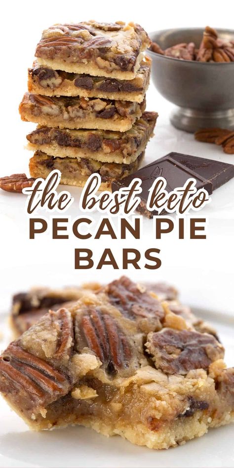 These keto pecan pie bars are so gooey and decadent, you won't believe they're sugar free! There's a reason these bars are one of my most popular keto dessert recipes. And at less than 5g of carbs, you can afford to indulge. The Original Keto Omg Bars, Keto Pecan Pie For Two, Carb Free Sweets, Keri Friendly Desserts, Keto Crumble Dessert, Keto And Dairy Free Desserts, Keto Reeses Bars, Keto Chocolate Bar Recipe, Thanksgiving Dessert Keto