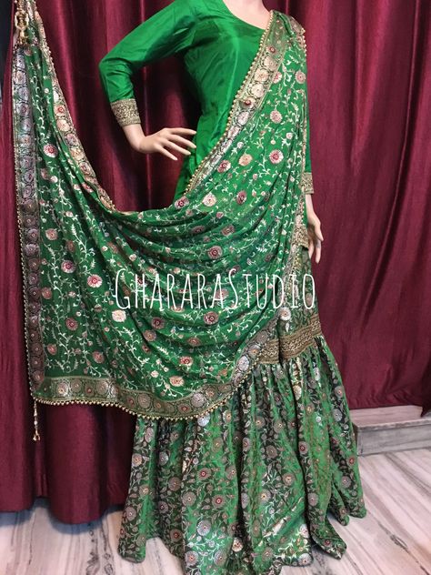 Kamkhwab Gharara with beautiful Resham and zari weaving. Georgette dupatta with zari and resham embroidery all over.  WhatsApp to order at +919971865919  #gharara #ghararastudio #ghararastudiobyshazia #greengharara #bridalgharara #bridal #wedding #weddingdress #fashion #fashionstyle #instafashion #fashiongram #fashiondiaries #blog #blogger #fashionblogger #indianfashion #indiandress #ethnic #traditional #indianwedding #hautecouture #outfit #classy #asianbridalsblog Banarsi Gharara Designs, Bridal Gharara Designs, Embroidery On Dupatta, Ways To Get Revenge, Bridal Gharara, Gharara Designs, Petty Revenge, Revenge Stories, Resham Embroidery