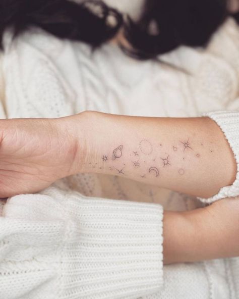 Galaxy Tattoos, Herb Tattoo, Tattoo On The Wrist, Little Rose Tattoos, Taylor Version, Spiritual Lessons, Celestial Tattoo, Angel Tattoos, Wrap Tattoo