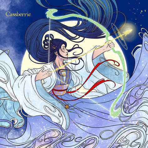 Digital concept art of Xingyin from Daughter of the Moon Goddess by Sue Lynn Tan. Chinese inspired woman with flowing black hair wearing a beautiful purple and blue gown. Drawing back a jade dragon bow with a glowing arrow. Sue Lynn Tan, Daughter Of The Moon Goddess, Daughter Of The Moon, Moon Goddess Art, Anime Moon, The Moon Goddess, Goddess Art, Moon Goddess, Fan Book