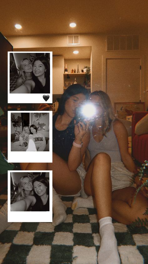 Two friends taking mirror selfie with digital camera sitting on the floor. Pictures edited with filter. Black and white and filmy vibe. Polaroid collage with 3 photos on top of one selfie. Best Friend Collage Instagram Story, Insta Story Ideas 2 Photos, Ig Story Multiple Pictures Ideas, Insta Story Ideas For Multiple Photos, Cool Instagram Story Ideas Collage, Instagram Edit Story Idea, Pic Collage Instagram Story, Instagram Group Story Ideas, Aesthetic Instagram Stories Multiple Photos