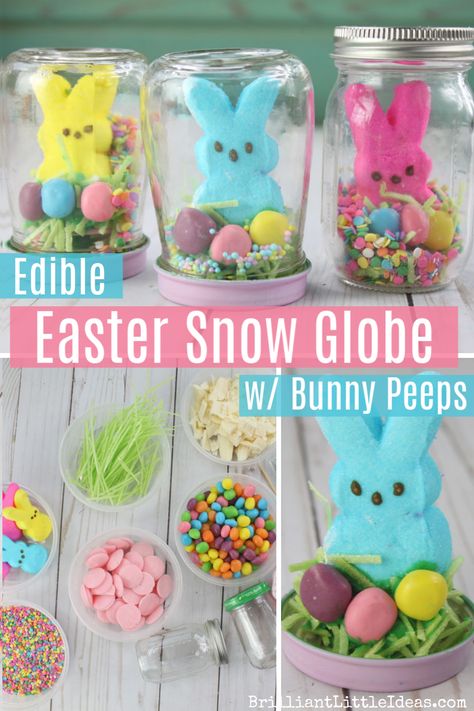 THEY REALLY WORK! Make these for your kdis or give them as gifts. These Edible Bunny Peeps Easter Snowlgobes make a great easter basket gift. #snowglobes #ediblesnowglobes #eastercandy #peeps #bunnypeeps Easter Snow Globe, Easter Edible Crafts, Peeps Crafts Projects, Easter Peeps Crafts, Easter Peeps Ideas, Easter Goodies For Kids, Easter Snacks For Preschool, Peeps Activities, Easter Candy Ideas