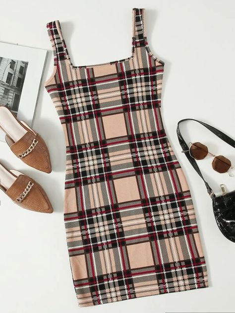 SHEIN Double Square Neck Plaid Bodycon Dress | SHEIN USA Plaid Bodycon Dress, Shein Outfits, Shein Dress, Belted Shirt Dress, Smock Dress, Trending Dresses, Looks Vintage, Bodycon Mini Dress, Printed Leggings