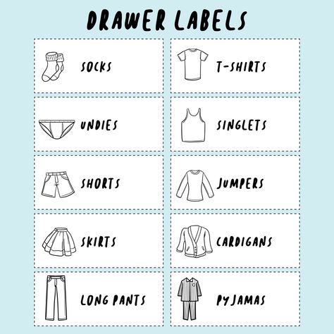 Kid Drawer Labels Printable Free Kids Dresser Labels Free Printable, Household Labels Free Printables, Kids Drawer Labels Free Printable, Dresser Labels For Kids Printable, Closet Labels Printable, Drawer Labels For Kids Clothes, Kids Cupboard, Christmas Word Search Printable, Clothes Label