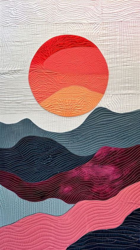 Embroidery with sunset textile craft quilt. | free image by rawpixel.com / Boom Quilt Landscape Patterns, Nature Elements Illustration, Sunset Textiles, Sunset Quilts, Iphone Sunset Wallpaper, Iphone Wallpaper Sports, Sunset Quilt, Warm Wallpaper, Landscape Embroidery