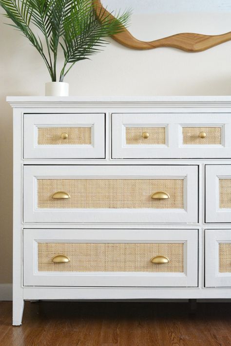 DIY Rattan Dresser Makeover | Centsational Style Paint Rattan Furniture Diy, Wicker Dresser Makeover Diy, Rattan Dresser Diy, Caned Dresser, Drawer Front Makeover, Boho Dressers, Dresser Designs, Cane Dresser, Drawer Makeover