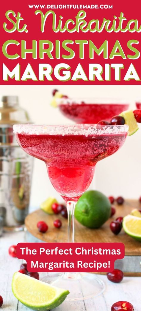 Cranberry and lime flavors come together with tequila for the most amazing Saint Nickarita Christmas Margarita! Perfect for all of your Christmas parties and holiday gatherings, this easy Cranberry margarita is perfect for enjoying under the mistletoe! Cranberry Margaritas Recipe, Christmas Margaritas Pitcher, Christmas Margherita, Christmas Margarita Recipe For A Crowd, Holiday Cocktails With Tequila, White Christmas Margarita Recipe, Mistletoe Margaritas Recipe, Mexican Christmas Drinks, Christmas Margaritas For A Crowd