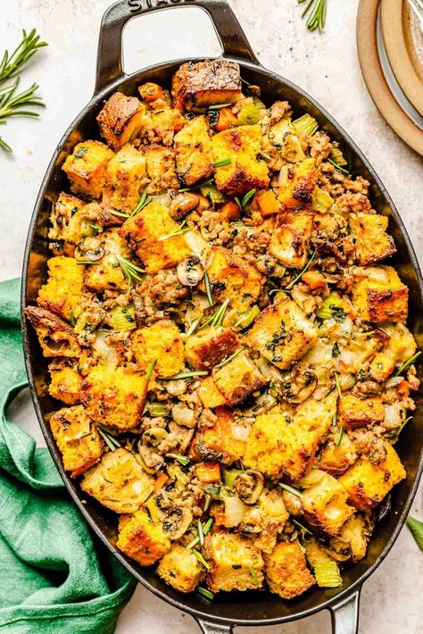 Slightly sweet, packed with savory veggies and smoky sausage, this cornbread stuffing is a crowd-pleaser and big Thanksgiving favorite! Cornbread And Sausage, Cornbread Stuffing Recipes, Sausage Cornbread Stuffing, Cornbread Stuffing, Sausage Stuffing, Table For Two, Thanksgiving Stuffing, Chili Recipe Easy, Turkey Recipes Thanksgiving