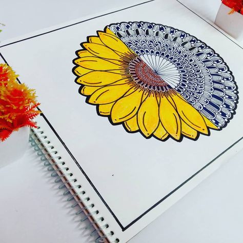 Follow me on instagram Half Mandala Half Flower, Half Mandala Art, Half Mandala, Mandala Arts, Half Flower, Sunflower Mandala, Mandala Drawing, Hi Guys, Mandala Coloring