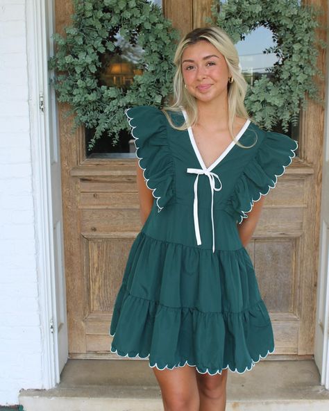 In Stock FALL favorites!!! 🍂🤍✨ Southern Belle Outfit, Hunter Green Dress, Belle Outfit, Hunter Green Dresses, Magnolia Dress, White Details, Scalloped Trim, Lucky Clover, White Bow