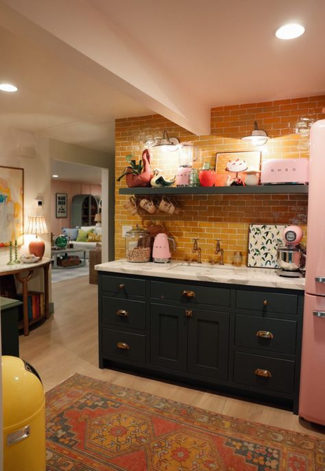 Basement Wet Bar, Pink Painted Walls, Decorative Doors, Spirit House, Nesting With Grace, Blue Doors, Party Kitchen, Basement Kitchen, Basement Apartment