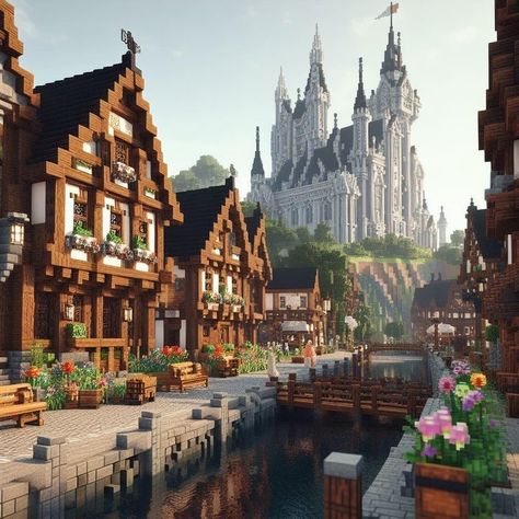 Cottage Town Minecraft, Minecraft Town Inspiration, Detailed Minecraft Houses, Minecraft Medieval City Layout, Mythical Sausage Builds, Castles In Minecraft, Minecraft Mountain Village Ideas, Minecraft Midevil City, Minecraft Medieval Town House