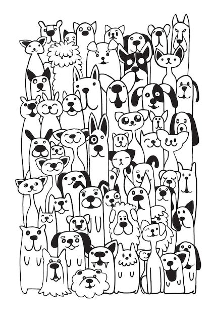 Hand drawn doodle funny dogs and cat set... | Premium Vector #Freepik #vector #dog-doodle #abstract-doodle #cat-sketch #cartoon-doodle Paw Cartoon, Cat And Dog Drawing, Doodle Funny, Arte Doodle, Doodle Background, Dog Line, Cat Doodle, Animal Doodles, Dog Vector