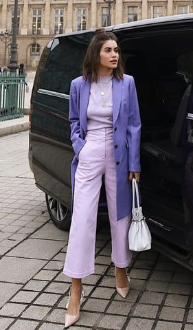 Lilac Casual Outfit, Monochromatic Purple Outfit, Lilac Fall Outfit, Monochrome Business Casual, Monochromatic Business Outfit, Business Professional Outfits Colorful, Business Casual Outfits For Women Colorful, Colourful Business Outfit, Colorful Business Professional Outfits