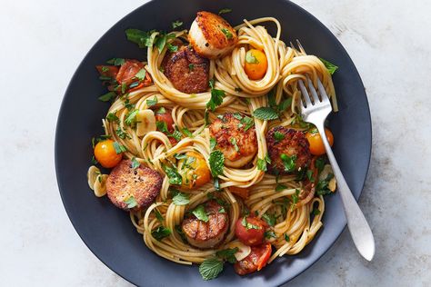 Just a Little Fancy - The New York Times Burst Tomatoes, Fancy Cooking, Scallop Pasta, Crunchy Chicken, Slow Roasted Tomatoes, Bacon Pasta, Herb Recipes, Nyt Cooking, Scallops Seared